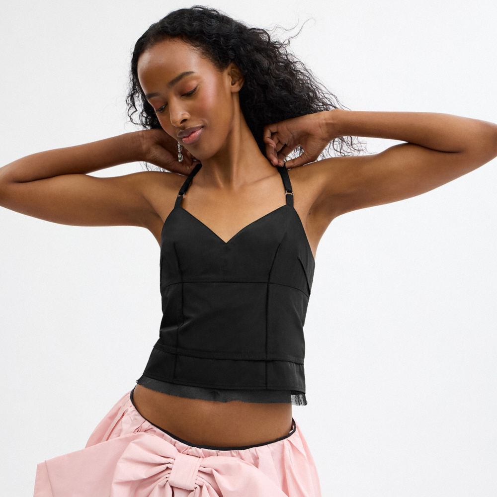 COACH®,Taffeta Top,Mesh,Silk,Tank,Empire,Peplum,Mesh,Adjustable,Day Party,Black,Detail View