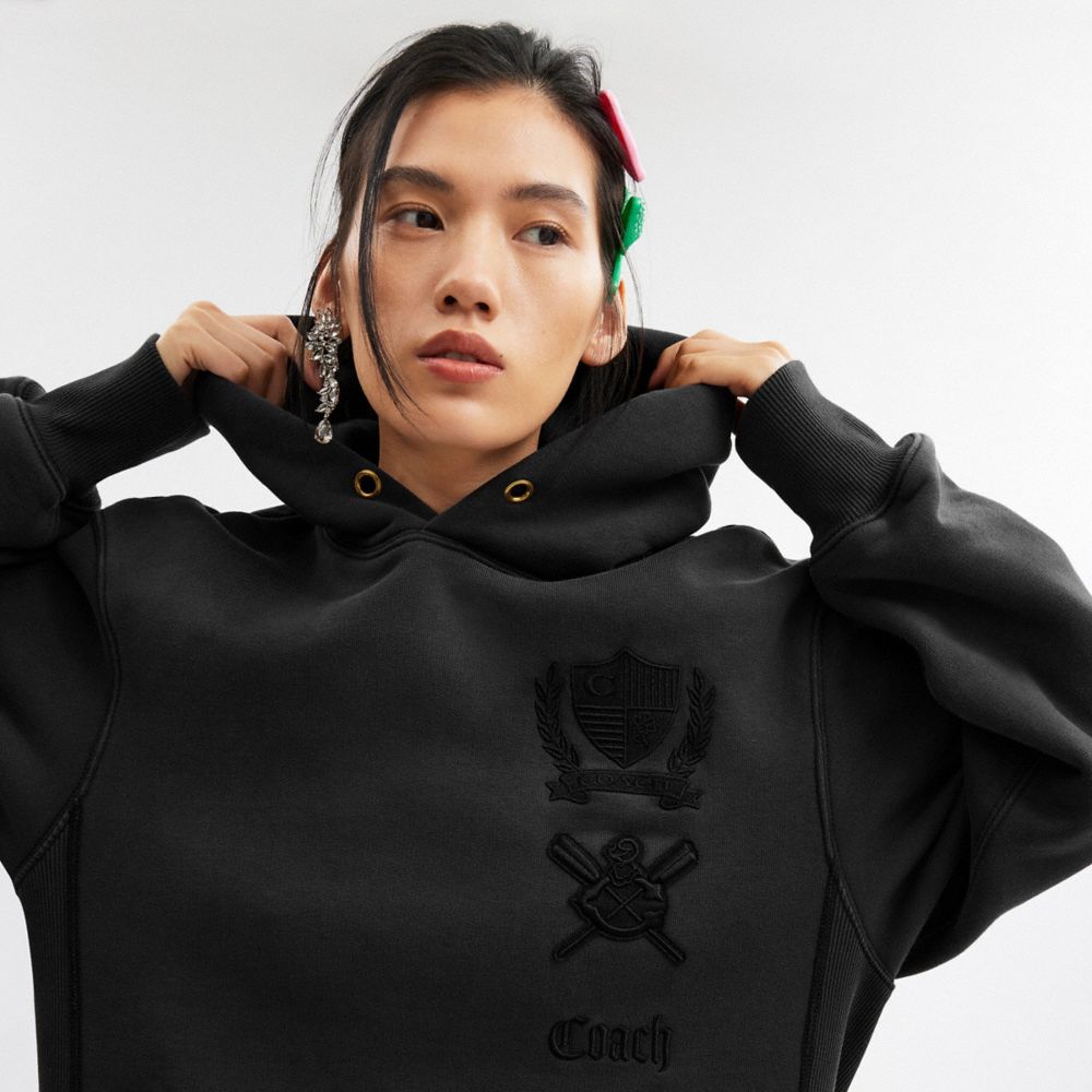 COACH®,Signature Crest Hoodie Dress In Organic Cotton,Cotton,Sweatshirt,Knit,Sweater,Casual,Lounge,Black,Detail View