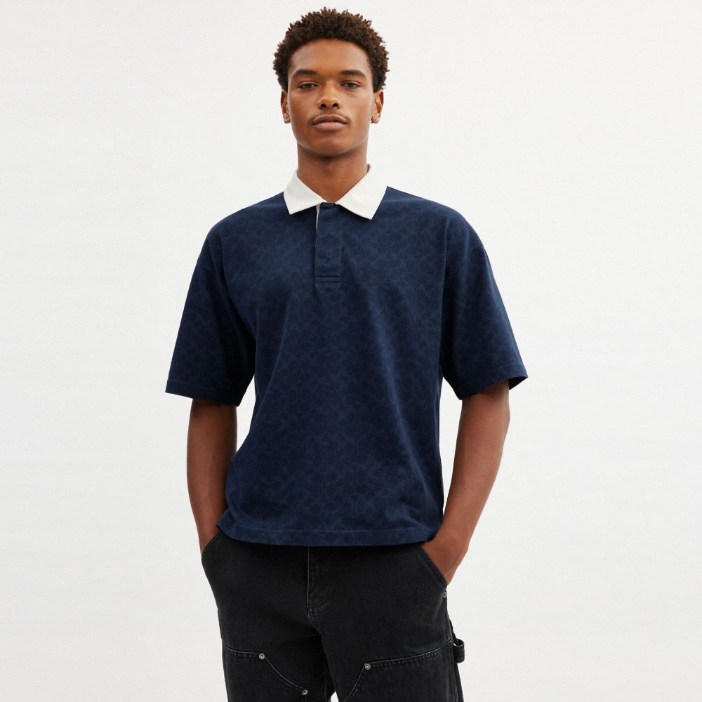 COACH®,Signature Relaxed Rugby Polo In Organic Cotton,Cotton,Polo Shirt,T Shirt,Casual,Navy,Scale View