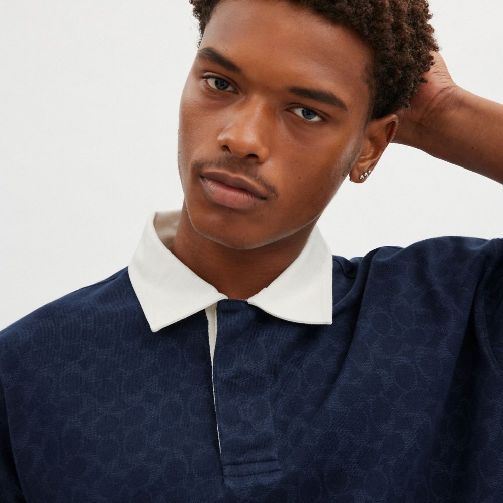 COACH®,Signature Relaxed Rugby Polo In Organic Cotton,Cotton,Polo Shirt,T Shirt,Casual,Navy,Detail View