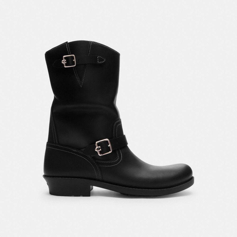 COACH®,Dawn Moto Bootie,Rubber,Moto,Notched Embellishment,Traction,Casual,Black,Angle View