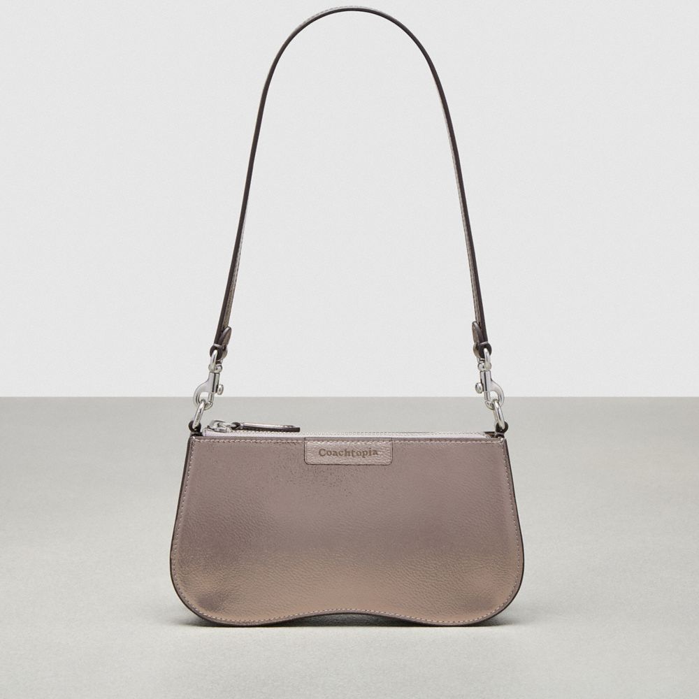 COACH®,Wavy Baguette Bag In Metallic Coachtopia Leather,Gunmetal Metallic,Front View