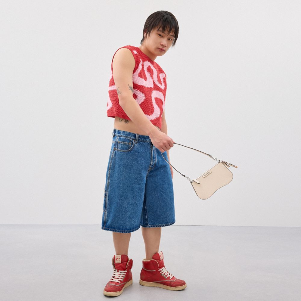 COACH®,Wavy Shoulder Bag In Pebbled Coachtopia Leather,Leather,Shoulder Bag,Plastic,Logo,Adjustable,Vegan,Silver Metal,Casual,Cream,Detail View