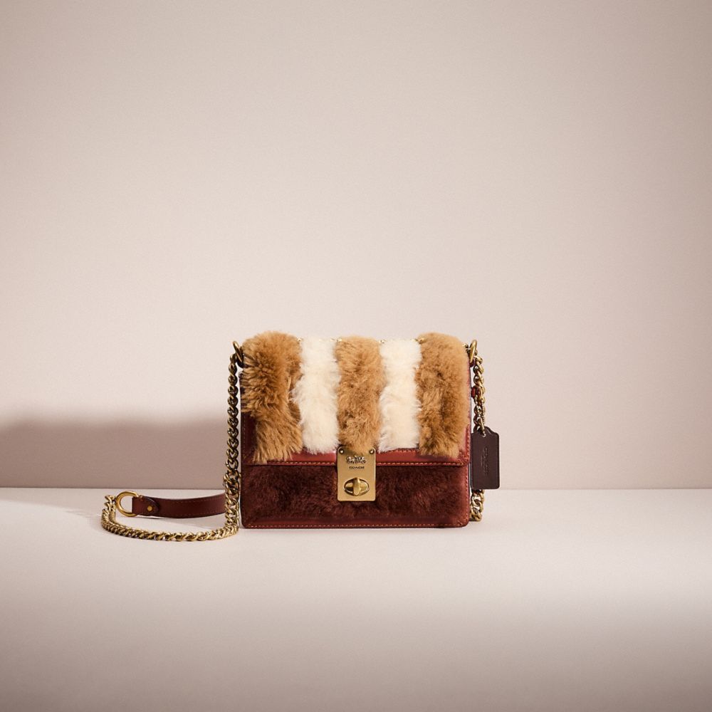 COACH®,RESTORED HUTTON SHOULDER BAG 18 WITH PATCHWORK,Shearling,Brass/Cocoa Multi,Front View