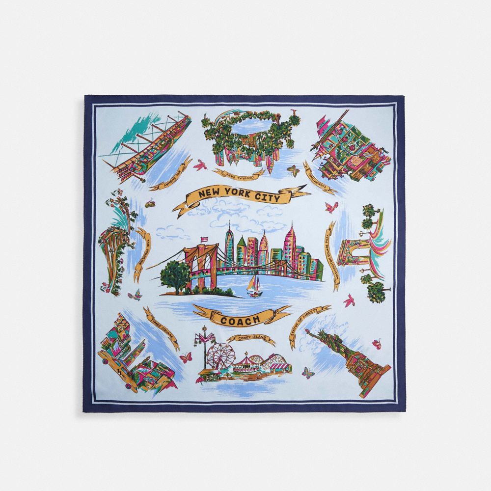 COACH®,New York Map Print Silk Square Scarf,Silk,Square,Stripe,Casual,Multi Color,Front View