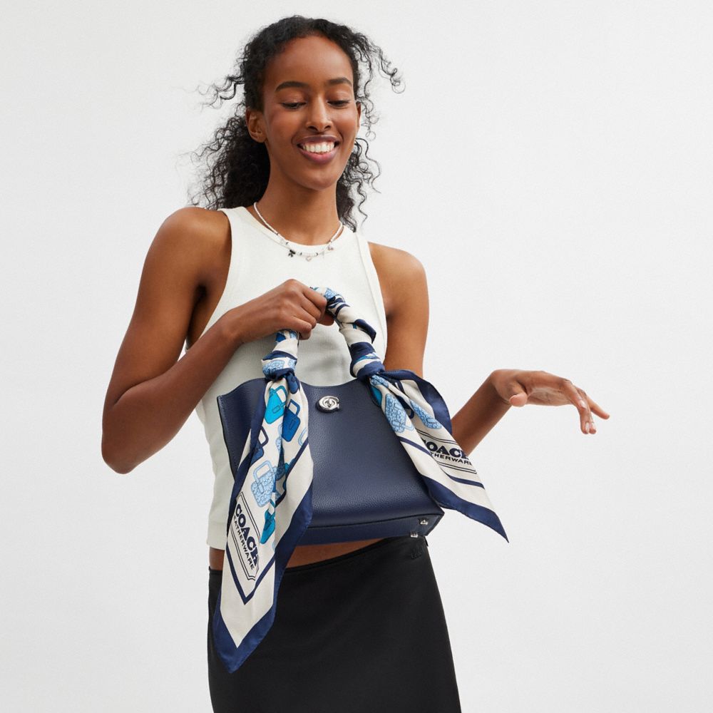 COACH®,Trompe L'oeil Bag Print Silk Square Scarf,Silk,Square,Logo,Word Embellishment,Casual,Blue,Detail View