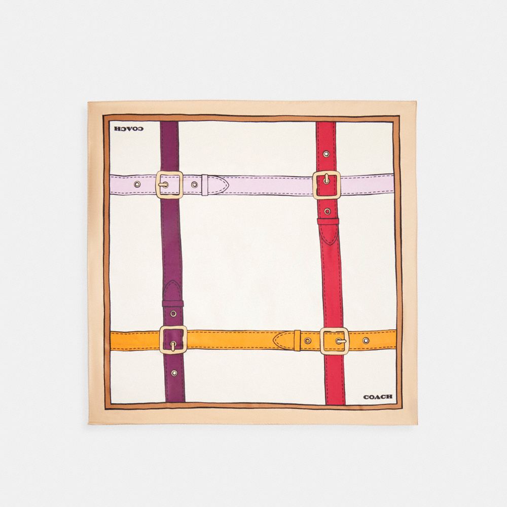 COACH®,Trompe L'oeil Belt Print Silk Square Scarf,Silk,Square,Word Embellishment,Stripe,Logo,Casual,White,Front View