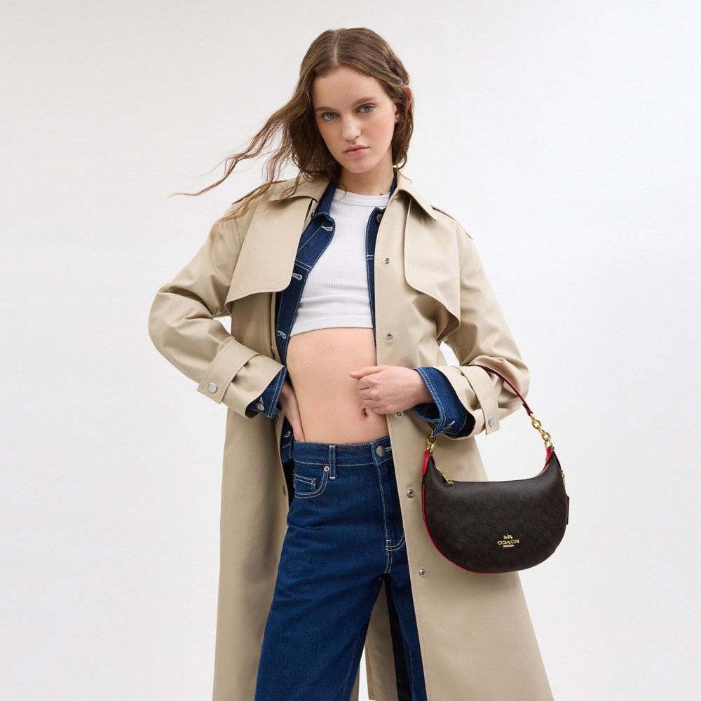 COACH®,Payton Hobo Bag In Signature Canvas,Canvas,Leather,Shoulder Bag,Chain Detail,Casual,Black,Detail View