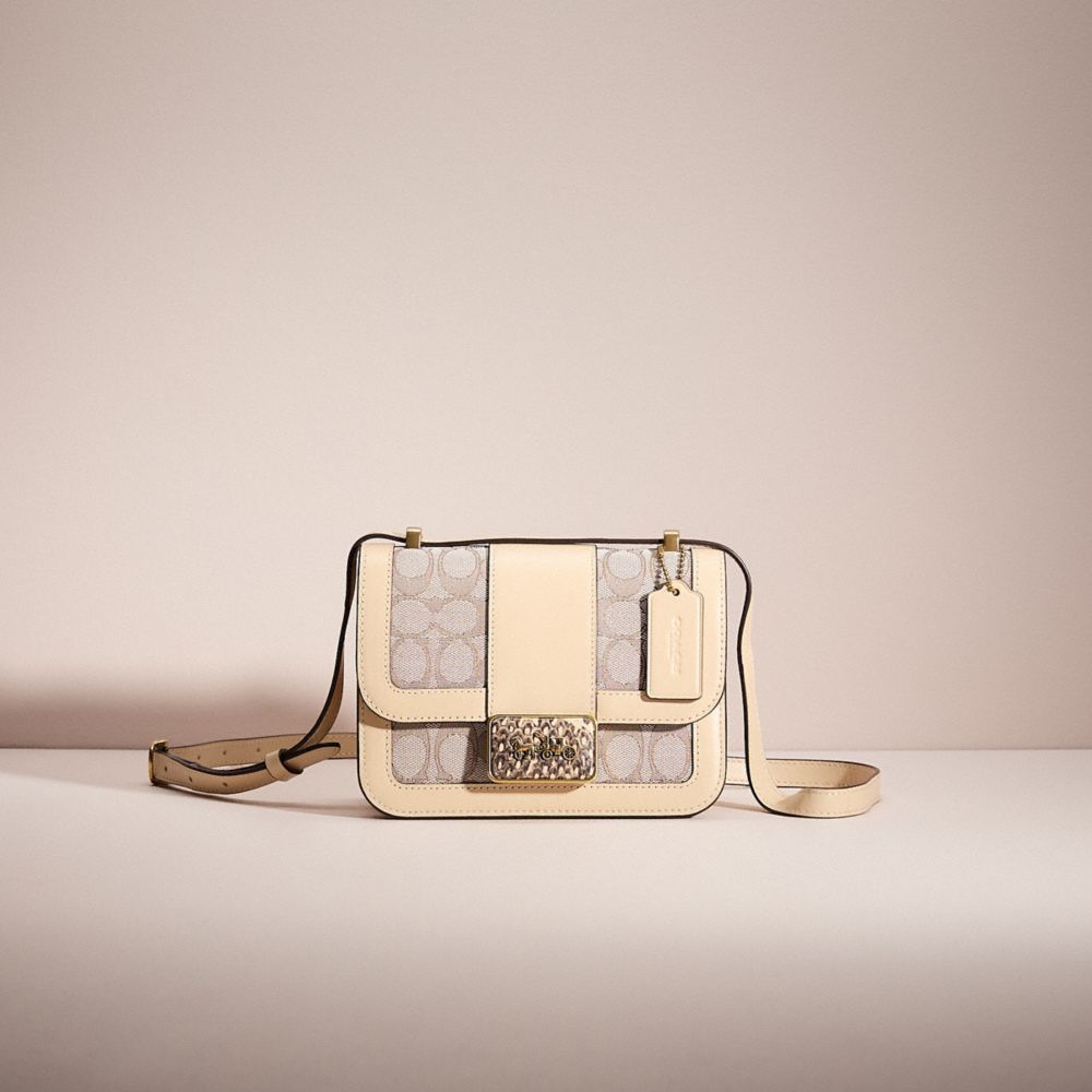 COACH®,RESTORED ALIE SHOULDER BAG 18 IN SIGNATURE JACQUARD WITH SNAKESKIN DETAIL,Signature Jacquard,Brass/Stone Ivory,Front View