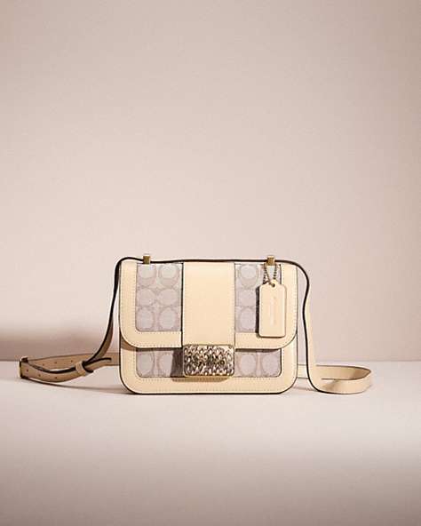 COACH®,RESTORED ALIE SHOULDER BAG 18 IN SIGNATURE JACQUARD WITH SNAKESKIN DETAIL,Brass/Stone Ivory,Front View