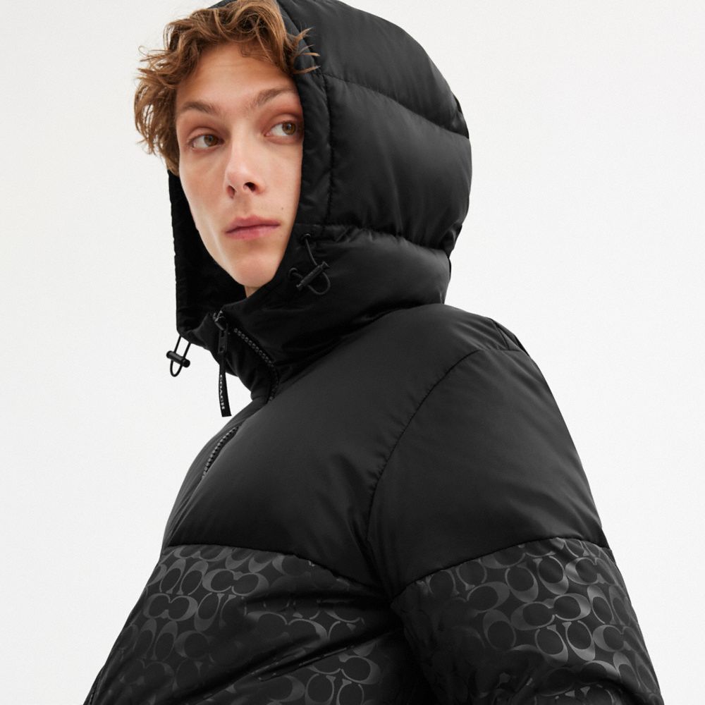 COACH®,Colorblock Down Jacket,Polyester,Polyamide,Puffer,Quilted,Down,Drawstring,Insulated,Casual,Black,Detail View