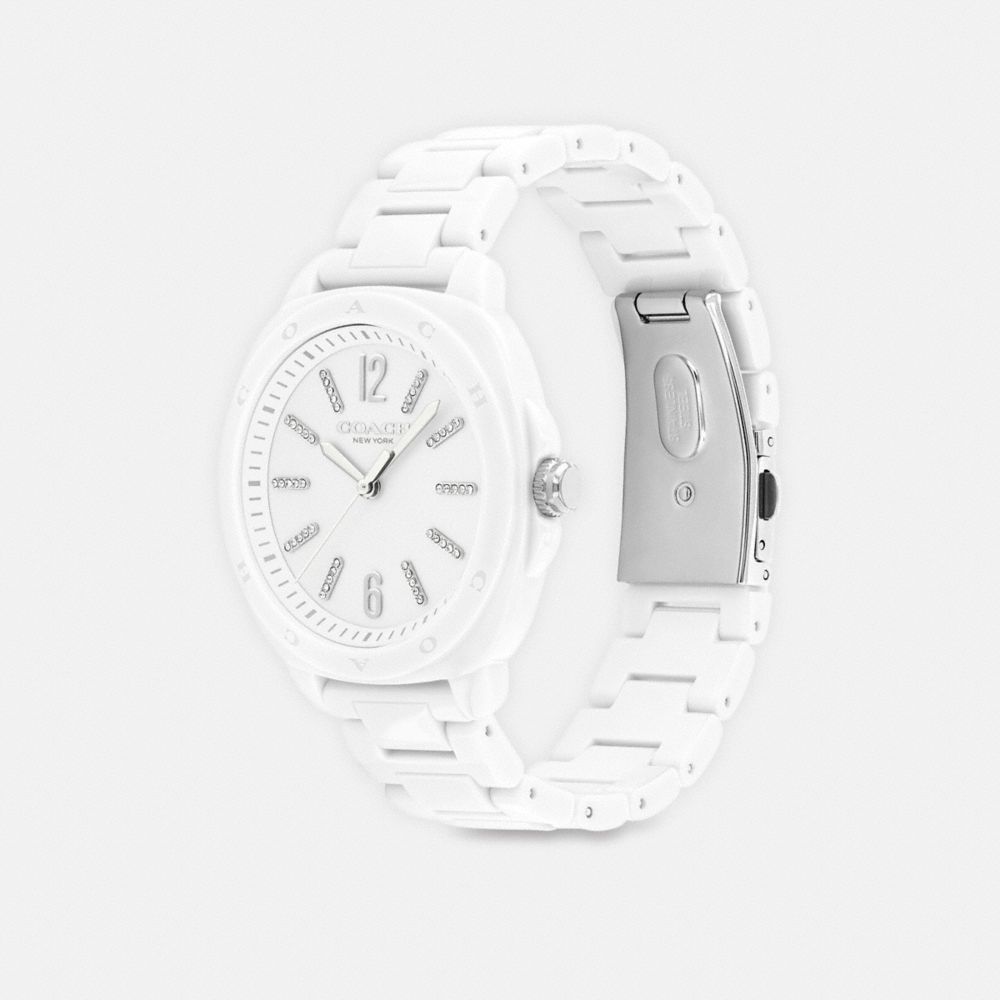 COACH®,Kitt Watch, 38 Mm,Analog,Crystal,Lacquer,Ceramic,Quartz,Logo,Word Embellishment,Water Resistant,Color Metal,Casual,White,Angle View
