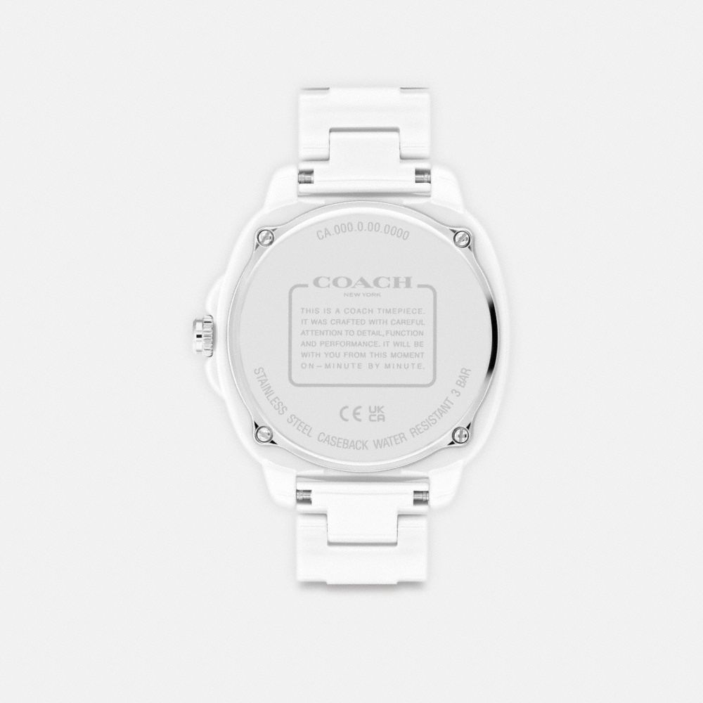 COACH®,Kitt Watch, 38 Mm,Analog,Crystal,Lacquer,Ceramic,Quartz,Logo,Word Embellishment,Water Resistant,Color Metal,Casual,White,Back View