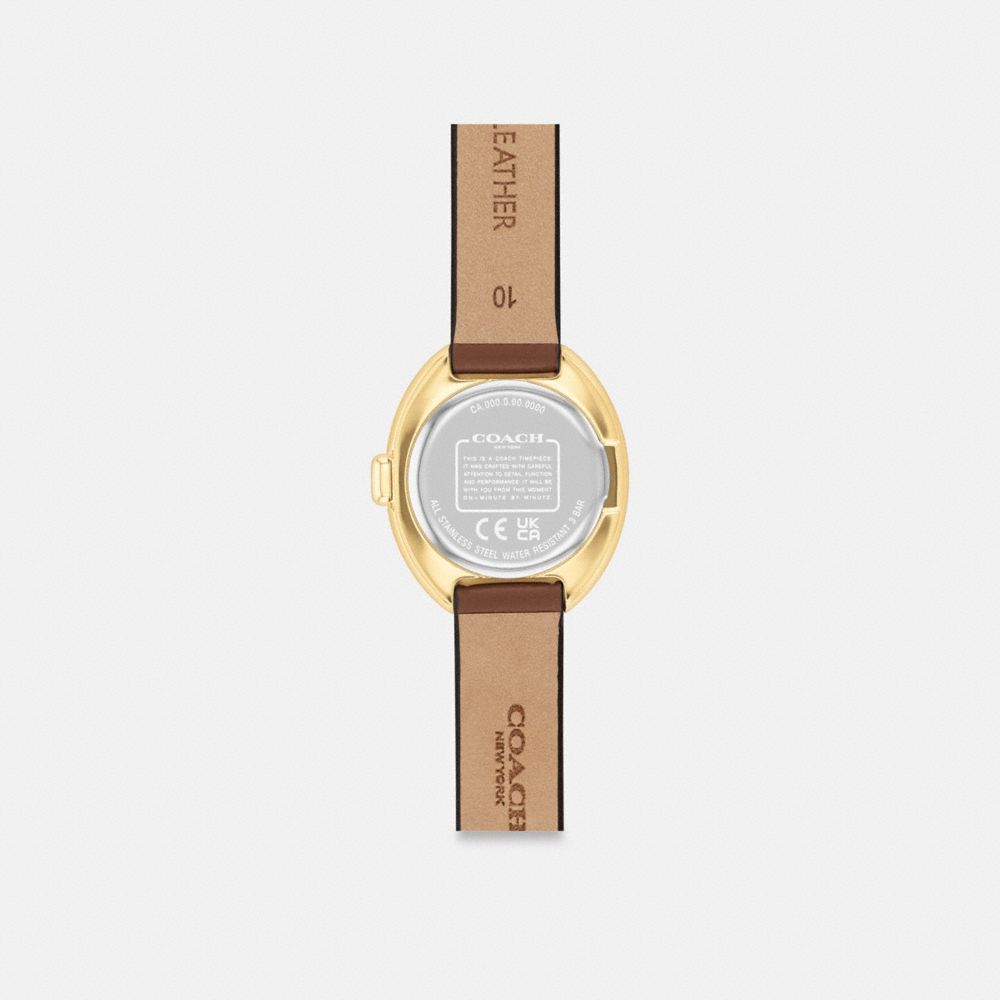 COACH®,Sammy Watch, 22 Mm,Analog,Crystal,Leather,Lacquer,Quartz,Word Embellishment,Logo,Water Resistant,Casual,Brown,Back View