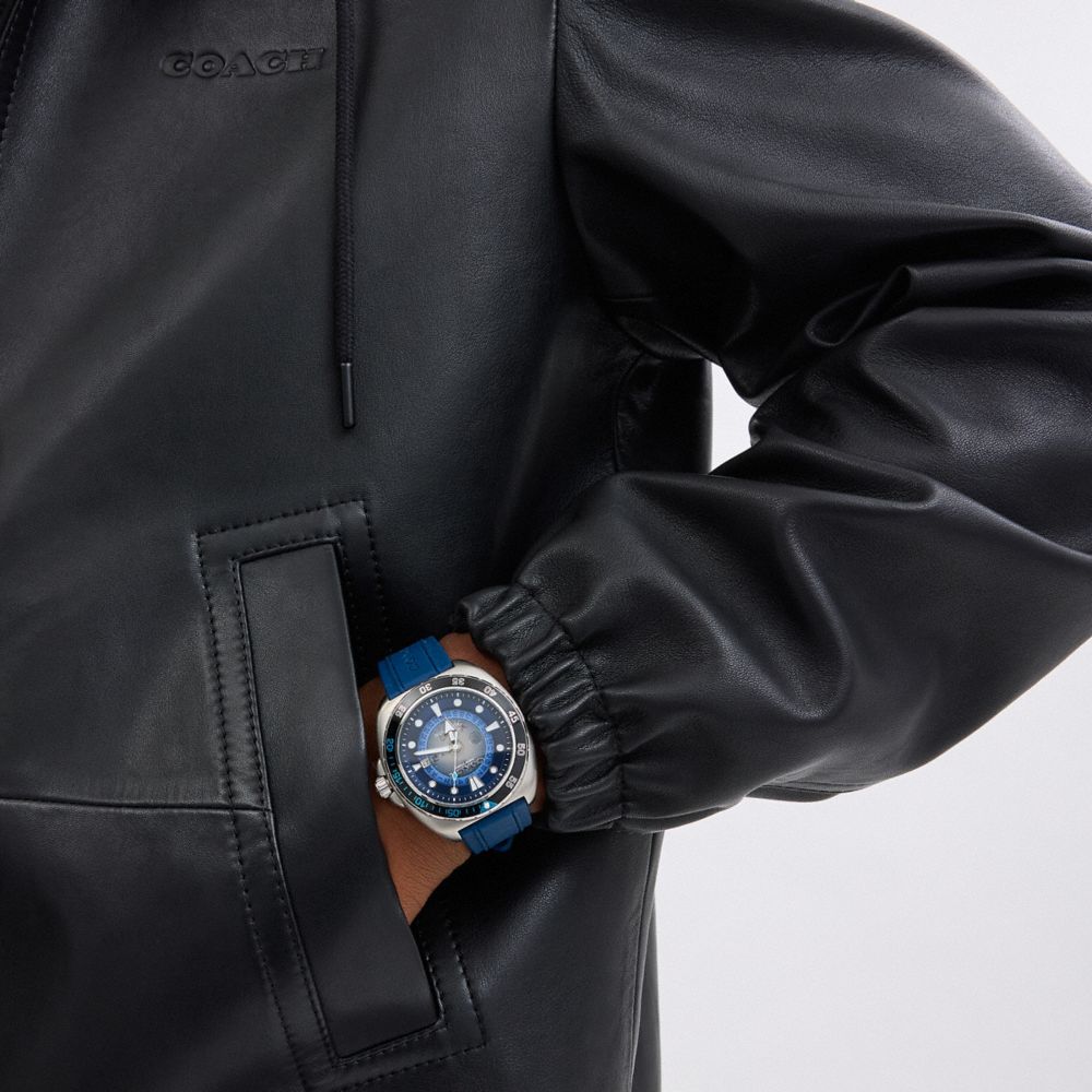 COACH®,Charter Automatic Watch, 44 Mm,Analog,Crystal,Silicone,Rubber,Water Resistant,Stainless Steel,Casual,Navy,Detail View