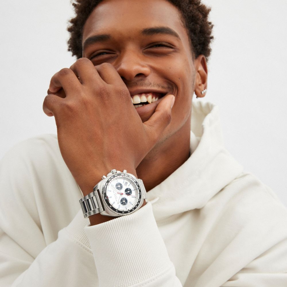 COACH®,Charter Chronograph Watch, 44 Mm,Analog,Quartz,Crystal,Word Embellishment,Logo,Water Resistant,Silver Metal,Silver ...,,Detail View