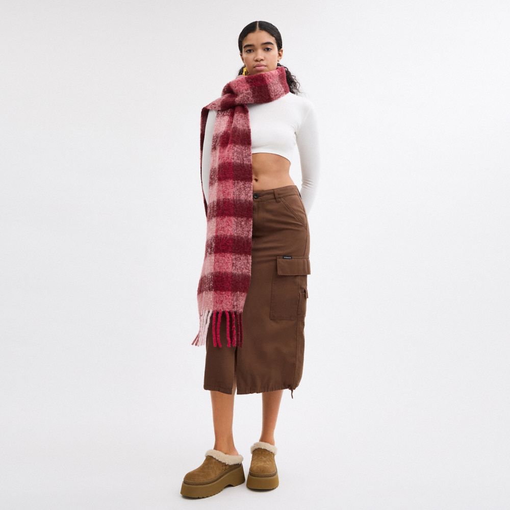 COACH®,Oversized Plaid Muffler With Leather Patch,Alpaca,Rectangle,Fringe,Logo,Applique,Casual,Multi Color,Detail View