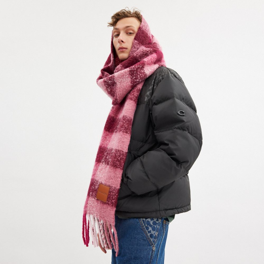 COACH®,Oversized Plaid Muffler With Leather Patch,Alpaca,Rectangle,Fringe,Logo,Applique,Casual,Multi Color,Angle View