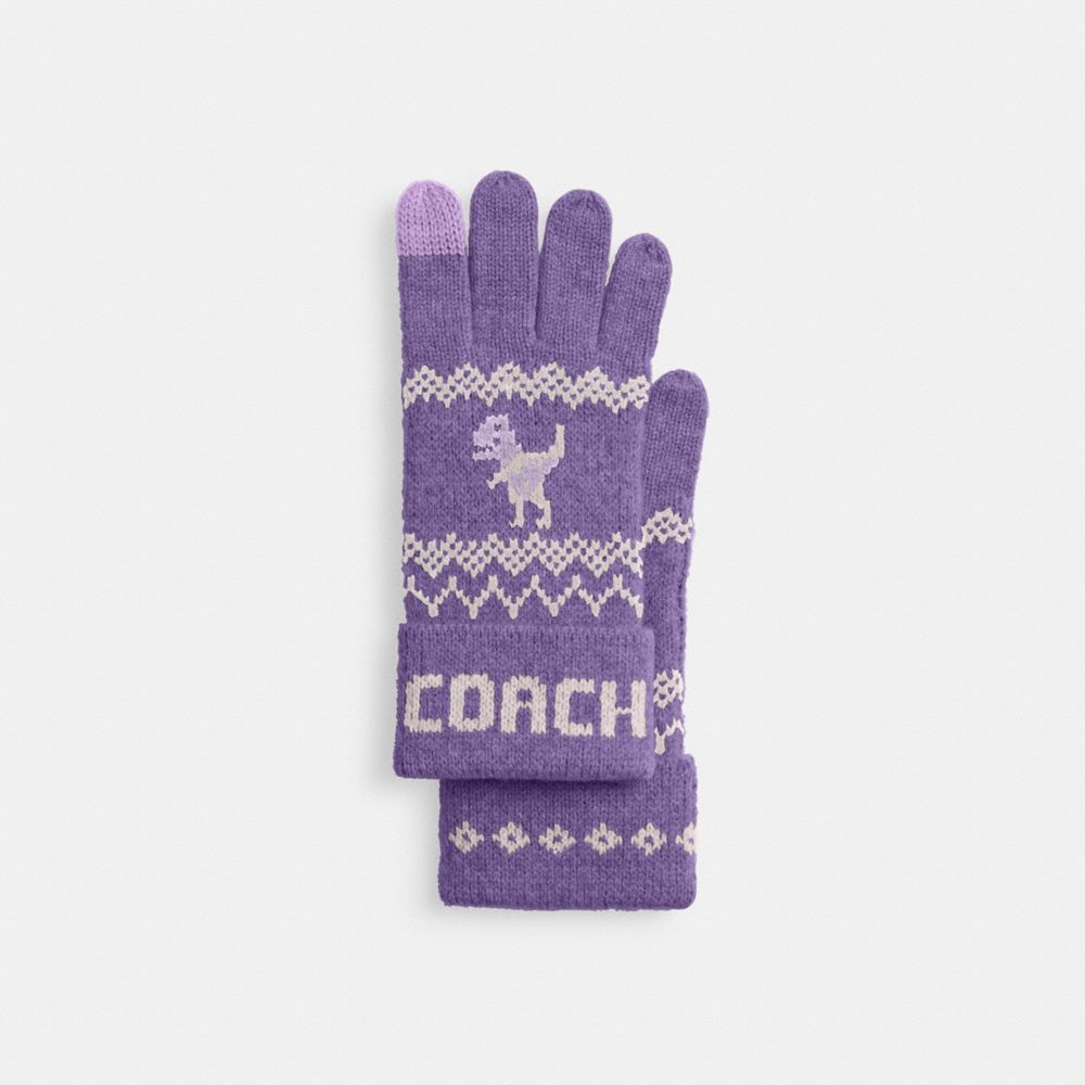 COACH®,Rexy Fair Isle Print Knit Gloves,Purple,Front View