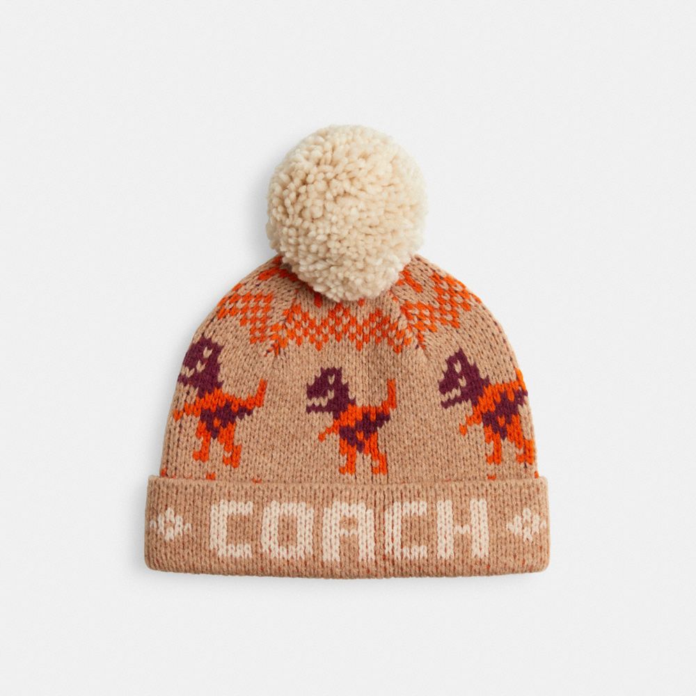 COACH®,Rexy Fair Isle Print Beanie,Wool,Beanie,Pom Pom,Casual,Beige,Front View