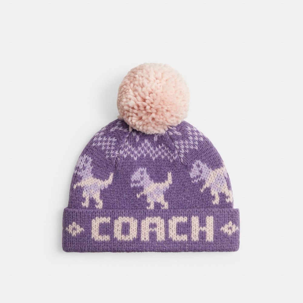 COACH®,Rexy Fair Isle Print Beanie,Wool,Beanie,Pom Pom,Casual,Purple,Front View