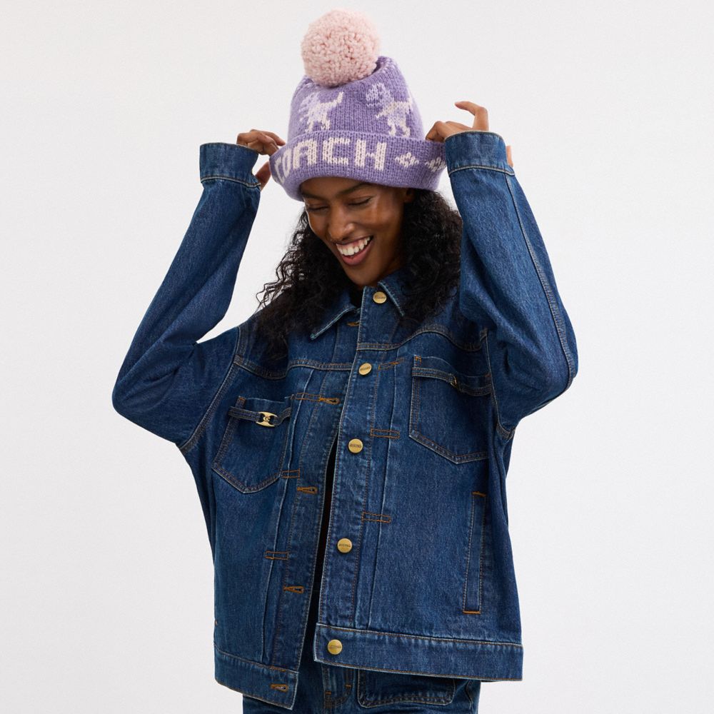 COACH®,Rexy Fair Isle Print Beanie,Wool,Beanie,Pom Pom,Casual,Purple,Detail View