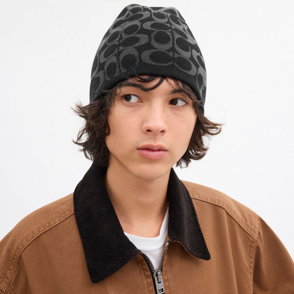 COACH®,Reversible Signature Beanie,Wool,Beanie,Reversible,Casual,Black,Detail View