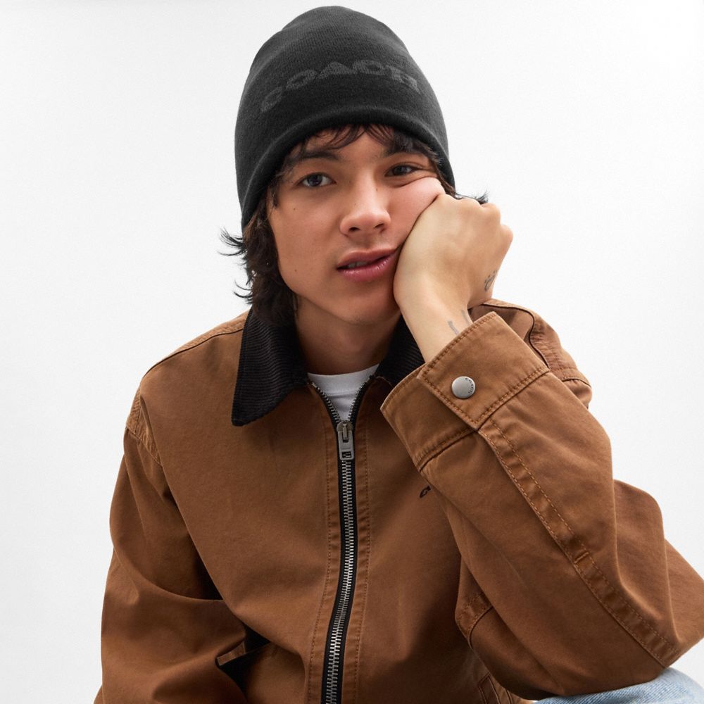 COACH®,Reversible Signature Beanie,Wool,Beanie,Reversible,Casual,Black,Detail View