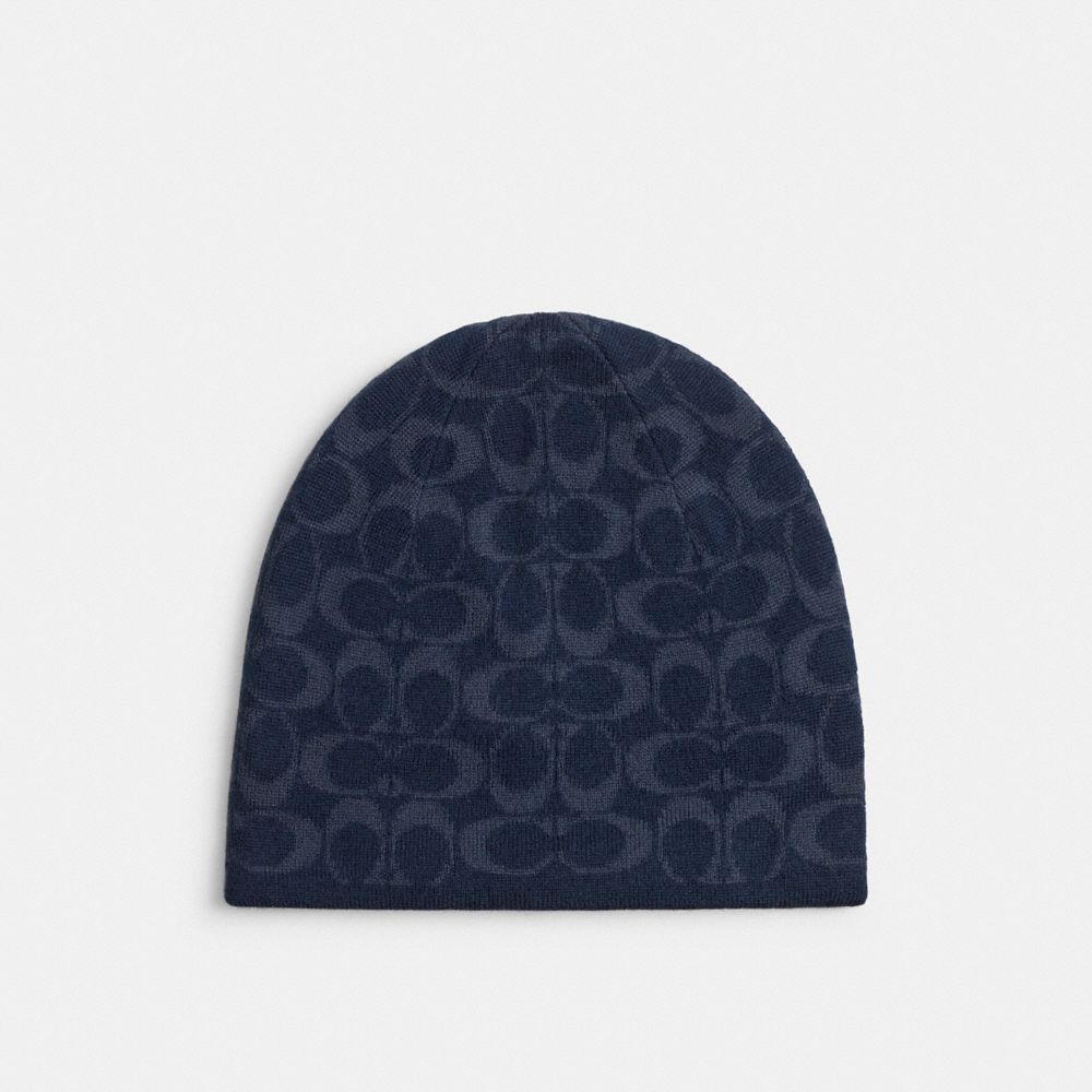 COACH®,Reversible Signature Beanie,Wool,Beanie,Reversible,Casual,Navy,Front View