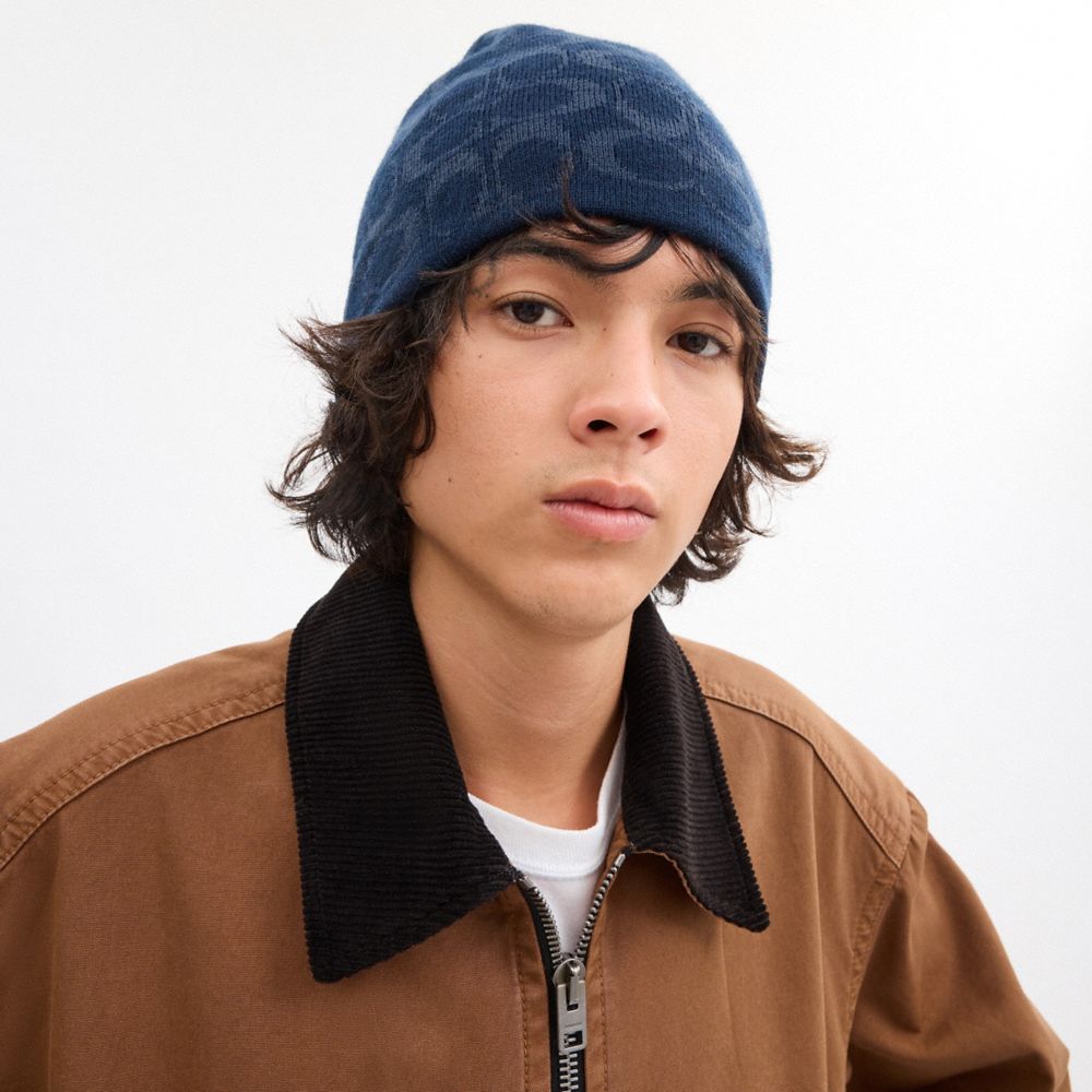 COACH®,Reversible Signature Beanie,Wool,Beanie,Reversible,Casual,Navy,Detail View