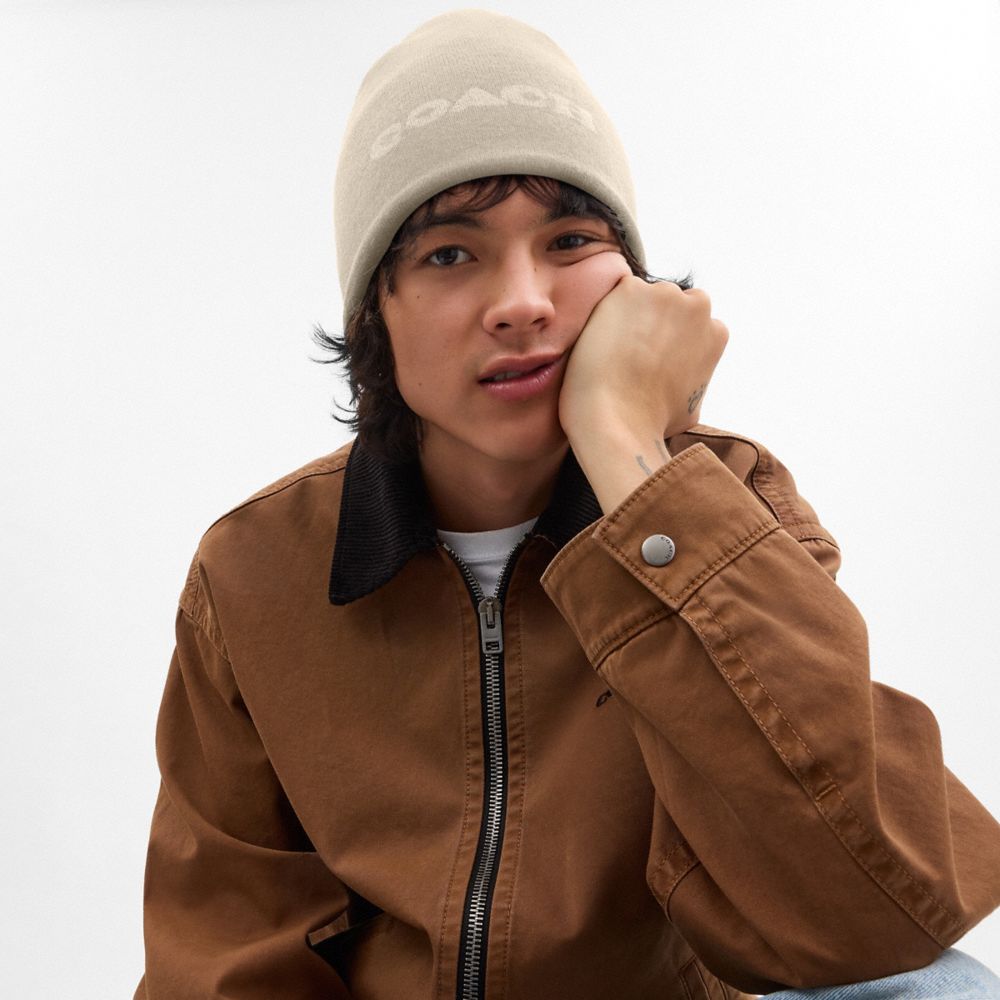 COACH®,Reversible Signature Beanie,Wool,Beanie,Reversible,Casual,Beige,Detail View