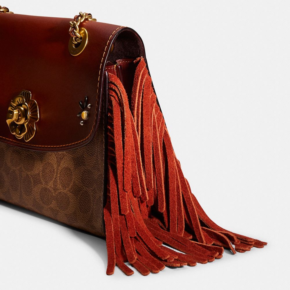 COACH®,Upcrafted Parker In Colorblock Signature Canvas,Calf Hair,Leather,Shoulder Bag,Chain Detail,Fringe,Metal,Studded,Co...,Brown,Closer View