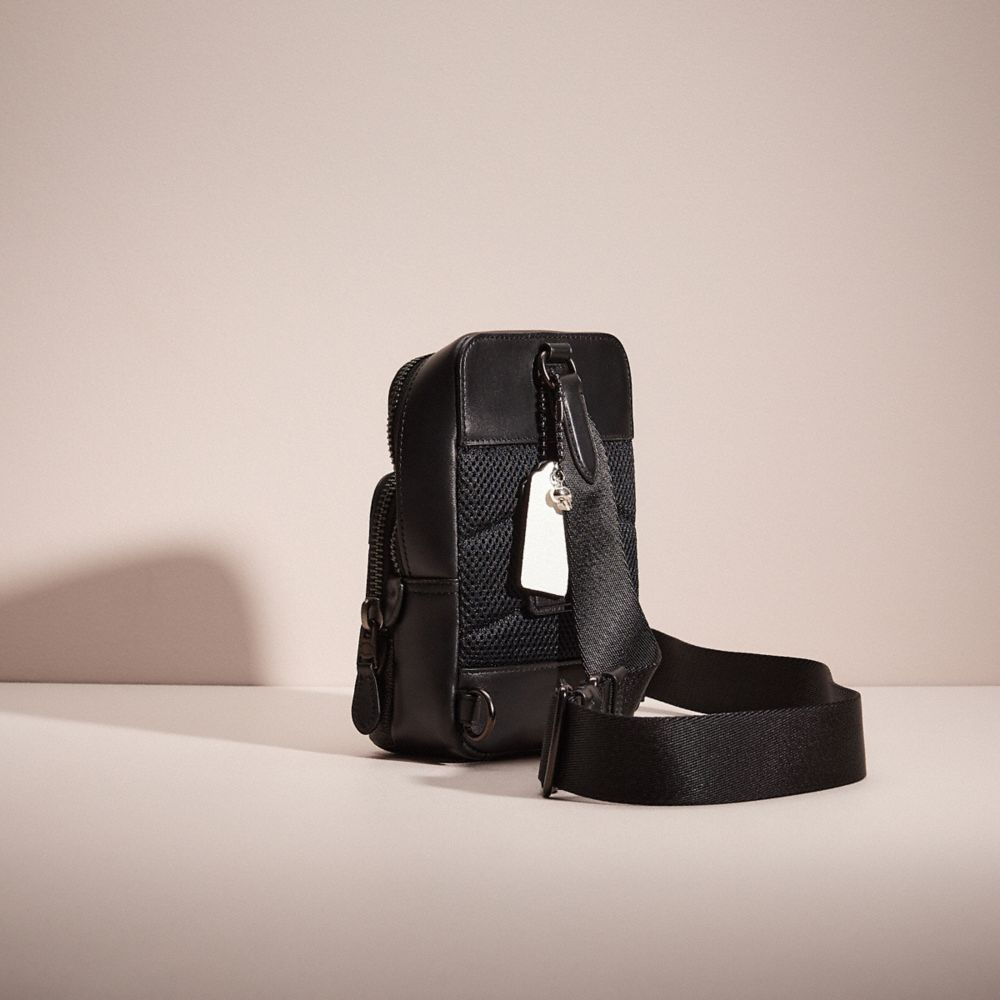 COACH®,Upcrafted Gotham Sling Pack 13 In Signature Canvas,Calfskin Leather,Canvas,Slingback,Plastic,Applique,Metal,Casual,Black,Angle View