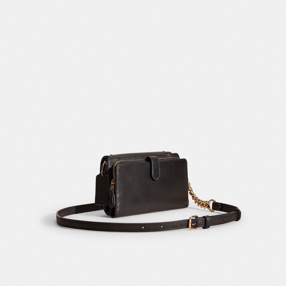 COACH®,Upcrafted Double Up Wallet Crossbody Creation,Leather,Wristlet,Clutch,Logo,Chain Detail,Studded,Gold Metal,Casual,Black,Angle View