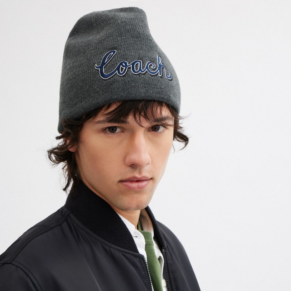 COACH®,Coach Script Print Knit Beanie,Maroon,Detail View