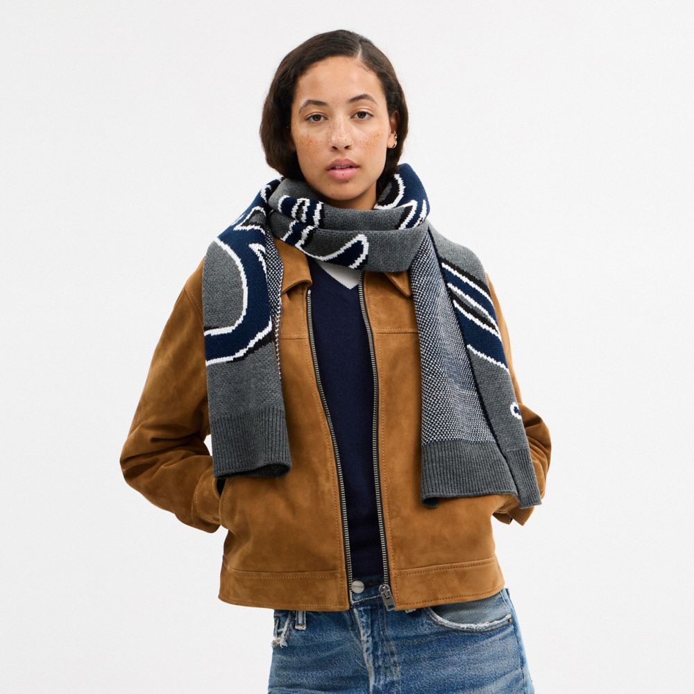 COACH®,Coach Script Print Knit Muffler,Acrylic,Wool,Rectangle,Casual,Gray,Detail View