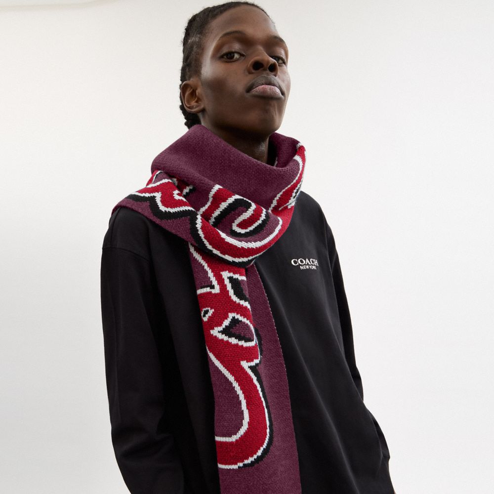 COACH®,Coach Script Print Knit Muffler,Acrylic,Wool,Rectangle,Casual,Maroon,Angle View