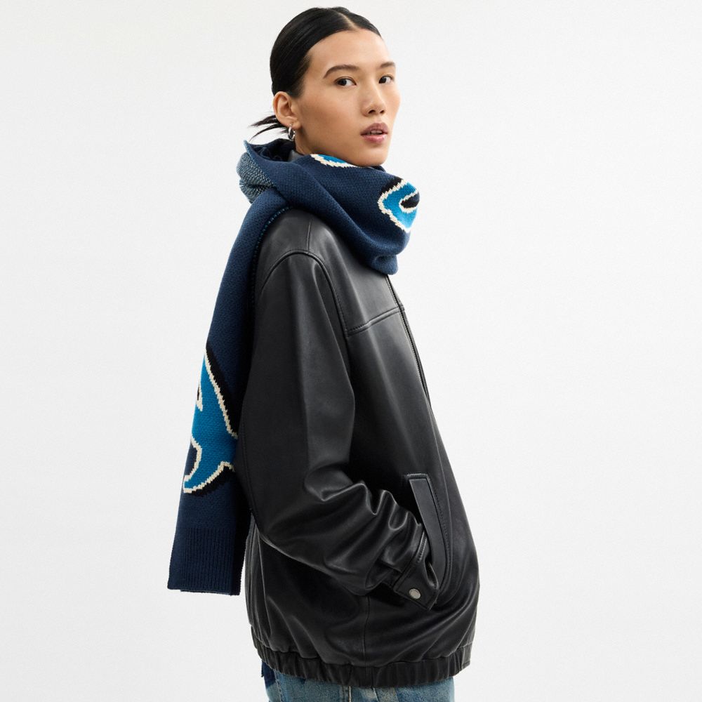 COACH®,Coach Script Print Knit Muffler,Acrylic,Wool,Rectangle,Casual,Navy,Detail View