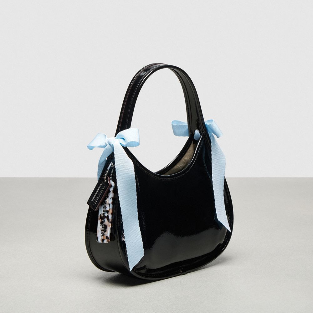 COACH®,Ergo Bag In Crinkle Patent Coachtopia Leather With Bows,Polyester,Lining Leather,Leather,Shoulder Bag,Logo,Bow,Day ...,Black,Angle View