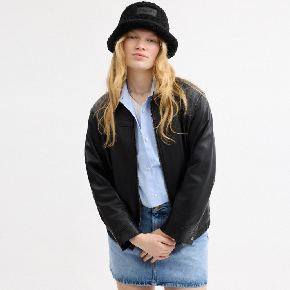 COACH®,Sherpa Bucket Hat,Cotton,Sherpa,Lining Polyester,Polyester,Bucket,Applique,Logo,Casual,Black,Detail View