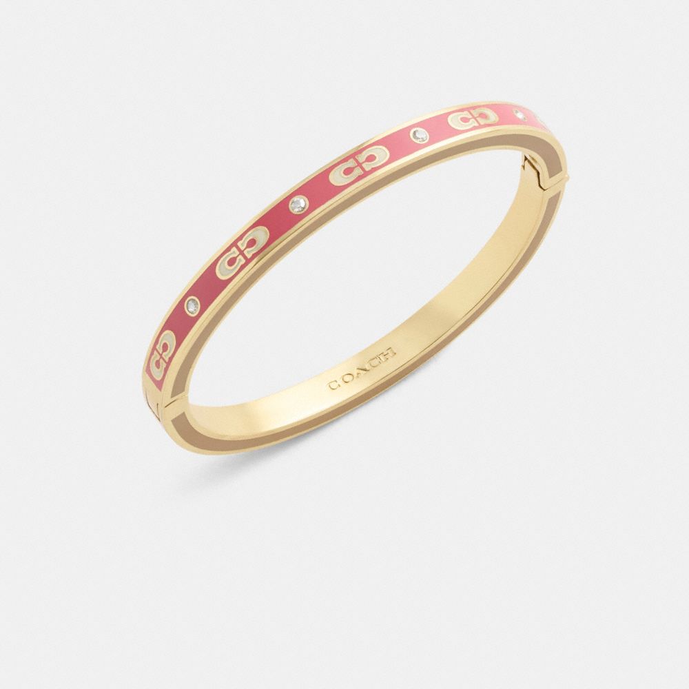 COACH®,Kissing Signature Enamel Hinged Bangle,Cubic Zirconia,Glass,Enamel,Gem Embellishment,Brass,Casual,Maroon,Inside View,Top View