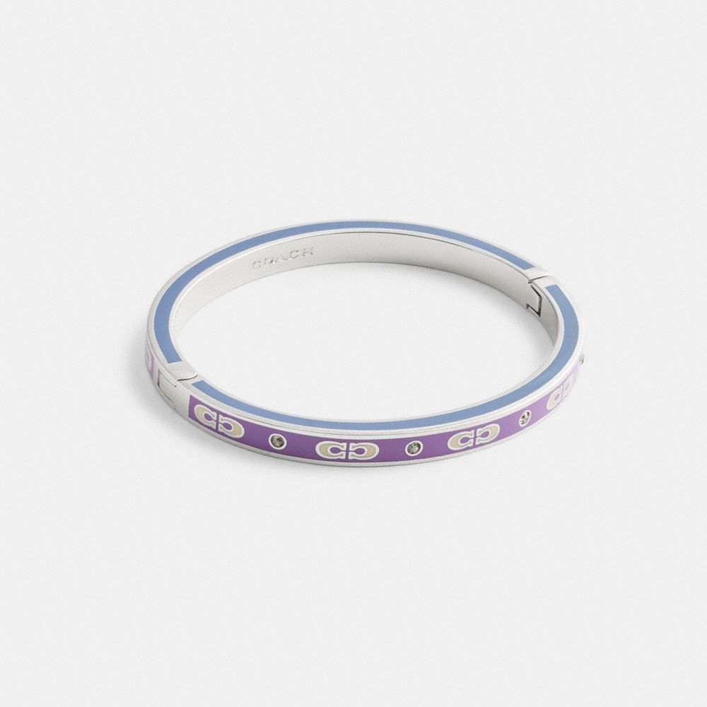 COACH®,Kissing Signature Enamel Hinged Bangle,Glass,Cubic Zirconia,Enamel,Gem Embellishment,Brass,Casual,Purple,Front View image number 0