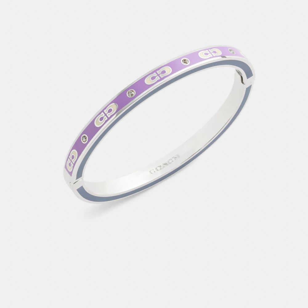 COACH®,Kissing Signature Enamel Hinged Bangle,Glass,Cubic Zirconia,Enamel,Gem Embellishment,Brass,Casual,Purple,Inside View,Top View