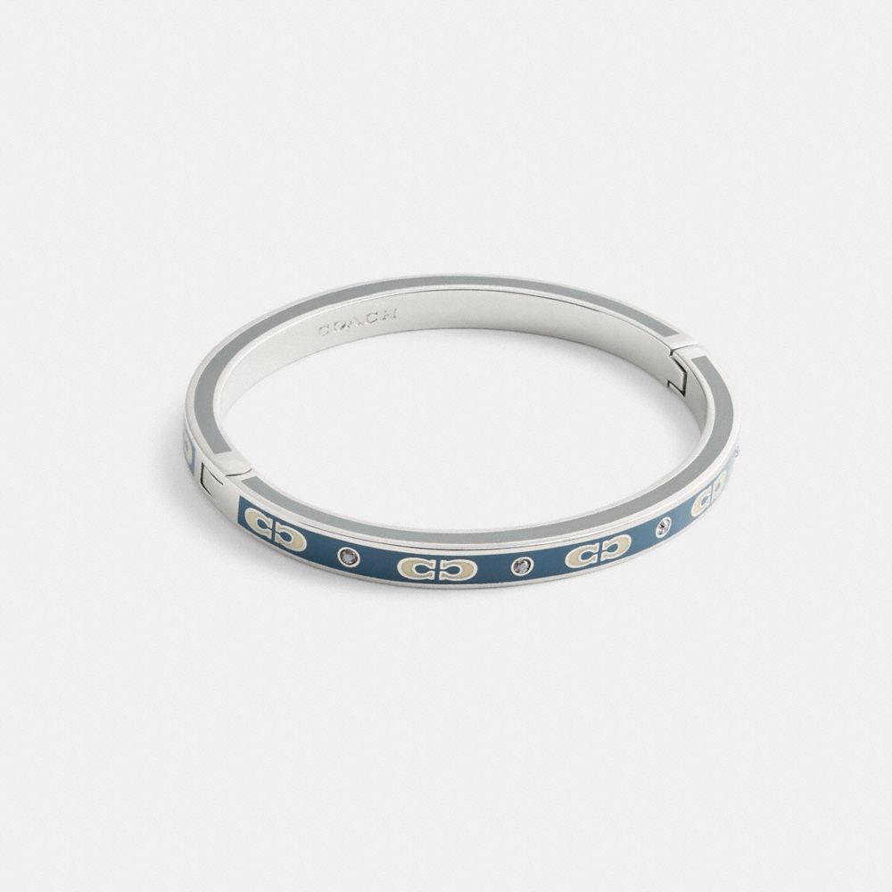 COACH®,Kissing Signature Enamel Hinged Bangle,Blue,Front View