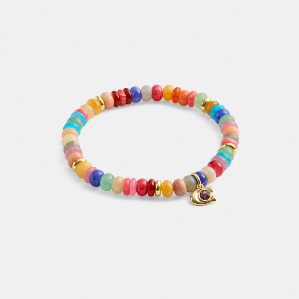 COACH®,Cosmic Coach Multi Bead Stretch Bracelet,Jade,Agate,Glass,Bead Embellishment,Logo,Brass,Casual,Multi Color,Front View
