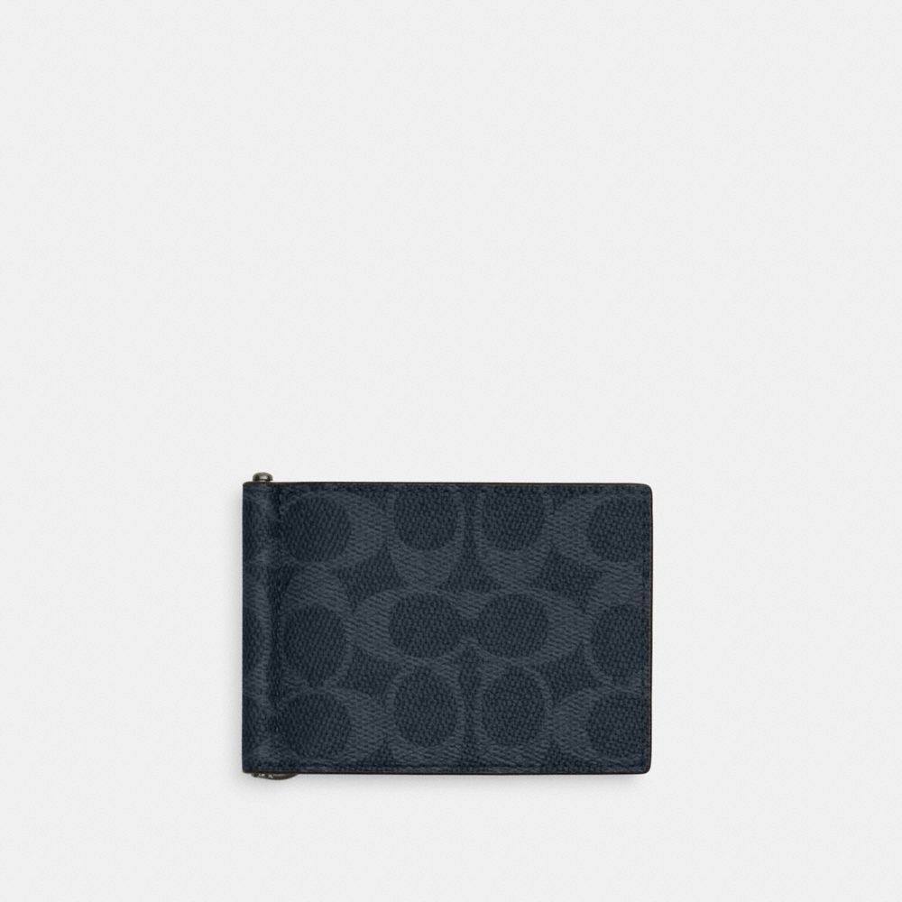 COACH®,Slim Money Clip Billfold Wallet In Signature Canvas,Bi Fold,Coin,Bill Clip,Money Clip,Casual,Navy,Front View