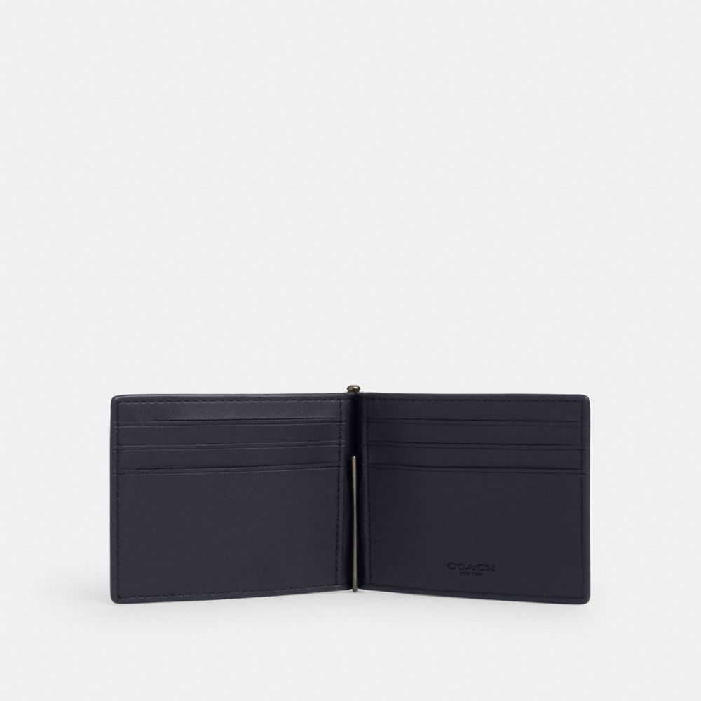 COACH®,Slim Money Clip Billfold Wallet In Signature Canvas,Bi Fold,Coin,Bill Clip,Money Clip,Casual,Navy,Inside View,Top View