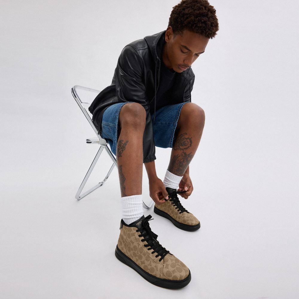 Coach High Line High Top Sneaker In Signature Canvas In Khaki/black