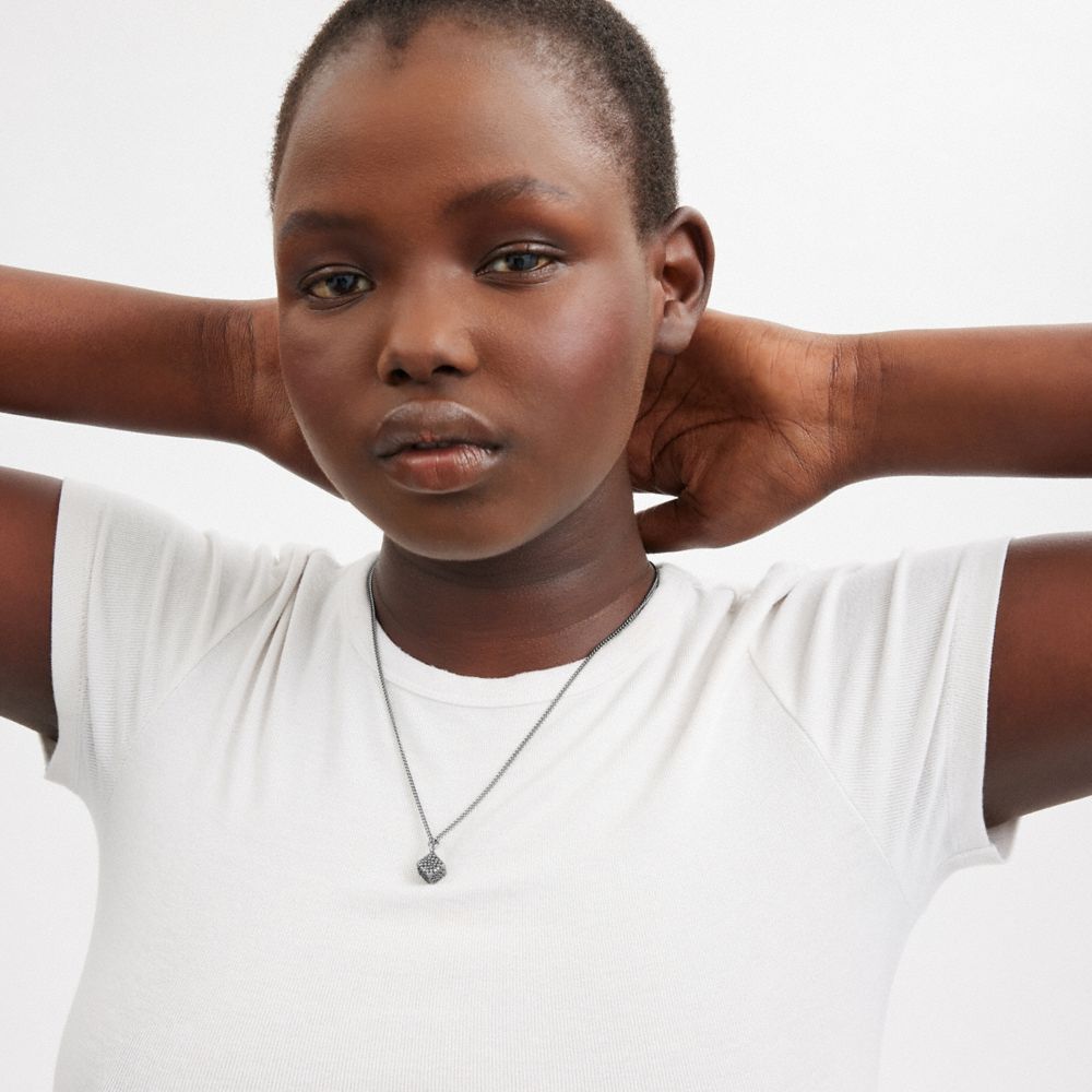 COACH®,Quilted Cube Pendant Necklace,Single Strand,Logo,Sterling Silver,Silver Metal,Casual,,Detail View