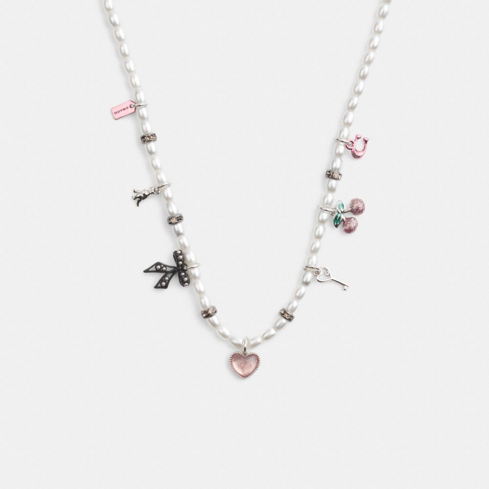 Shop Coach Mini Bow Charms Pearl Necklace In Silver/pearl Multi